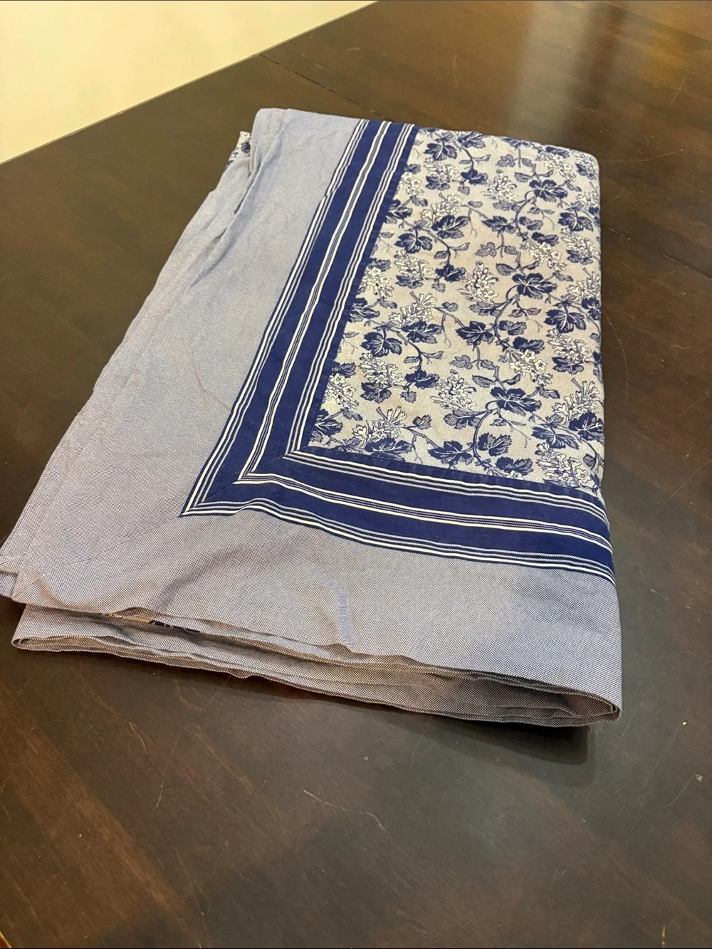 Vintage Blue Floral Vines Tablecloth Large Cotton Knit Striped Border Cottage